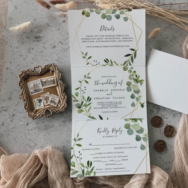 Geometric Gold Greenery Eucalyptus Wedding Dreifach Gefaltete Einladung (Von Creator hochgeladen)