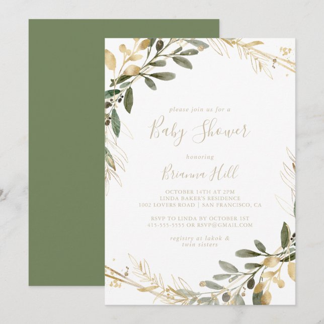 Geometric Gold Greenery Fall Baby Shower Einladung (Vorne/Hinten)