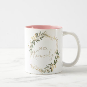 Geometric Gold Greenery Fall Mrs. Newlywed Bride Zweifarbige Tasse