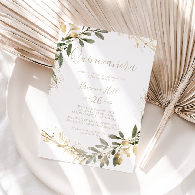 Geometric Gold Greenery Fall Quinceañera Einladung (Von Creator hochgeladen)