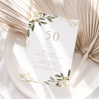 Geometric Gold Greenery Herbst 50. Geburtstagspart Einladung