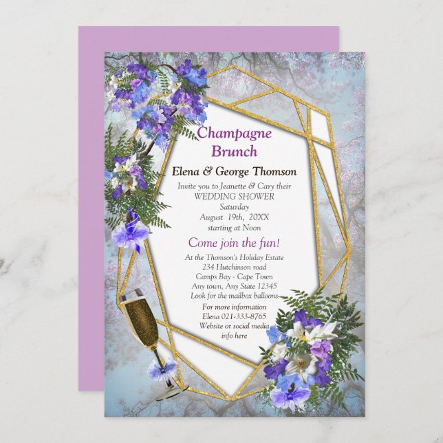 Geometric Gold & Jacaranda Blume Doppeldusche Einladung (Vorne/Hinten)