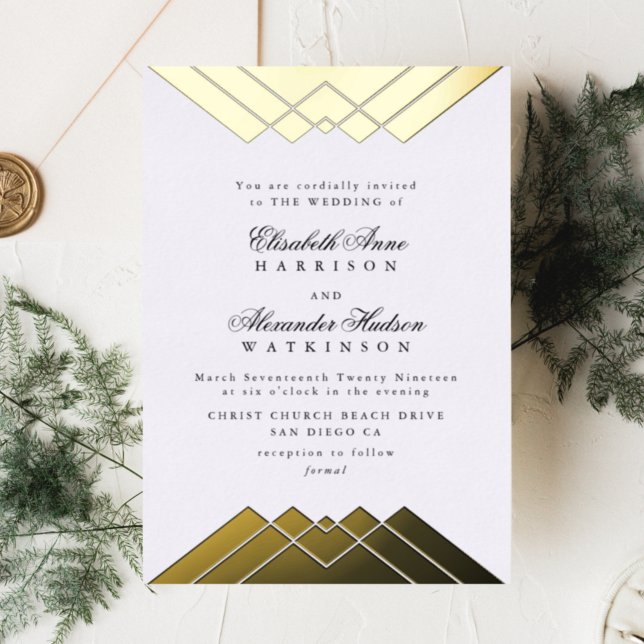Geometric Gold Leaf Gatsby Calligrafy Wedding Folieneinladung (Von Creator hochgeladen)
