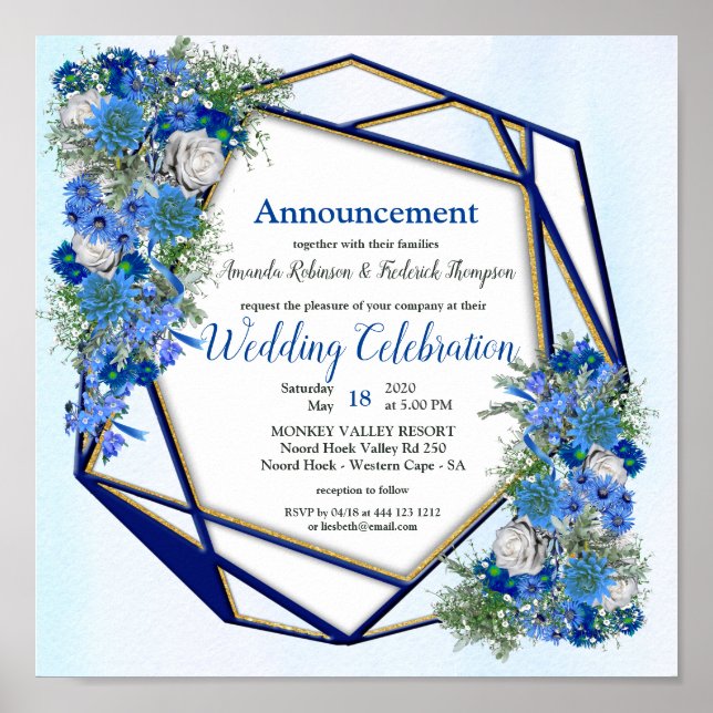 Geometric Gold Navy & Blue Blume Wedding Poster (Vorne)