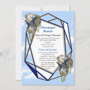 Geometric Gold Navy Blue Flowers Couple Duwer Inv Einladung