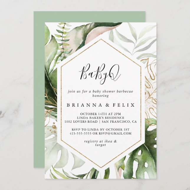 Geometric Gold Tropical BabyQ Baby Shower Barbecue Einladung (Vorne/Hinten)