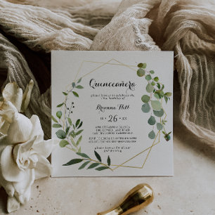 Geometric Gold Tropical Calligraphy Quinceañera Einladung