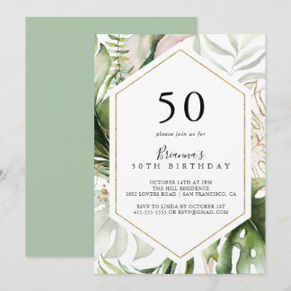 Geometric Gold Tropical Green 50. Geburtstagsparty Einladung