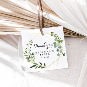 Geometric Gold Tropical Green Calligraphy Wedding Geschenkanhänger