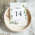 Geometric Gold Tropical Green Calligraphy Wedding Tischnummer<br><div class="desc">Diese geometrische,  goldgrüne Tischnummer für Hochzeitsfeiern ist perfekt für eine moderne Hochzeit. Das Design besticht durch handbemalte grüne Blätter,  die einen goldenen geometrischen Rahmen schmücken. Das ist eine zweiseitige Tischnummer. Fügen Sie jede benötigte Tischnummer individuell in Ihren Warenkorb.</div>