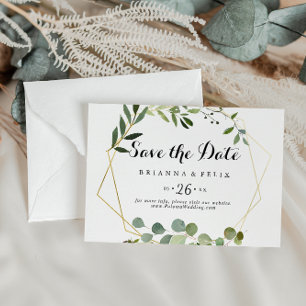 Geometric Gold Tropical Green Horizontal Wedding Save The Date