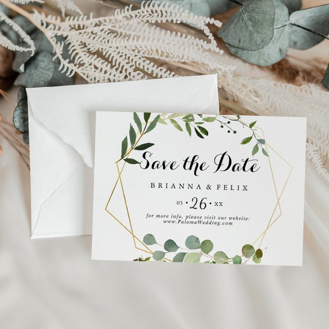 Geometric Gold Tropical Green Horizontal Wedding Save The Date (Von Creator hochgeladen)