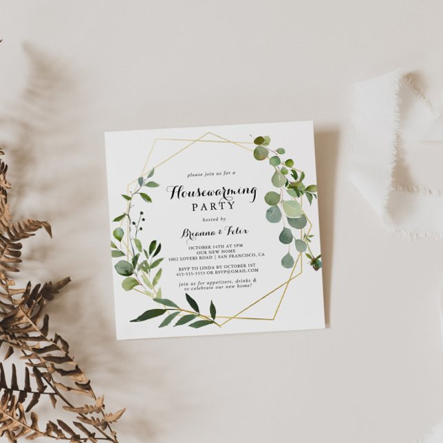 Geometric Gold Tropical Green Housewarming Party Einladung (Von Creator hochgeladen)