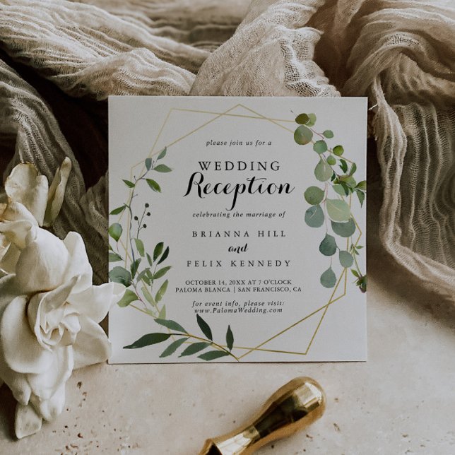 Geometric Gold Tropical Green Wedding Reception Einladung (Von Creator hochgeladen)