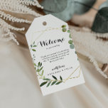 Geometric Gold Tropical Green Wedding Willkommen Geschenkanhänger<br><div class="desc">Diese geometrisch goldgrünen Begrüßungstags sind perfekt für eine einfache Hochzeit. Das Design besticht durch handbemalte grüne Blätter,  die einen goldenen geometrischen Rahmen schmücken. Diese Tags eignen sich perfekt für Begrüßungstaschen und Hochzeiten in Urlaubsort.</div>