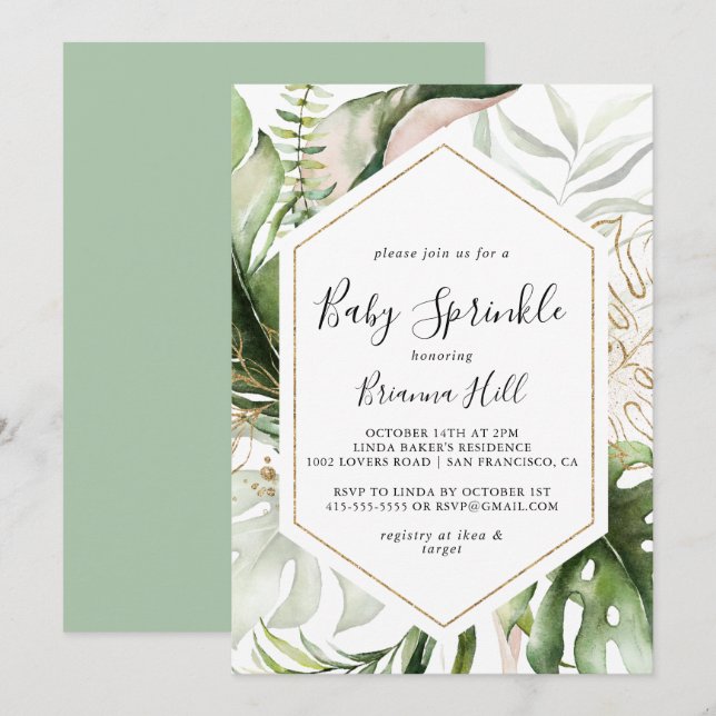 Geometric Gold Tropical Greenerity Baby Sprinkle Einladung (Vorne/Hinten)