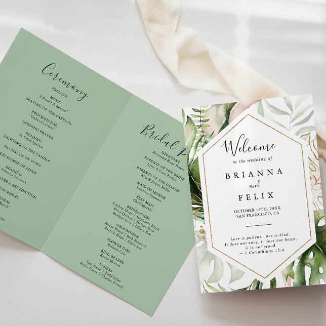 Geometric Gold Tropical Greenerity Folded Wedding Programm (Von Creator hochgeladen)