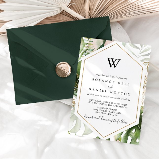 Geometric Gold Tropical Greenerity Monogram Weddin Einladung (Von Creator hochgeladen)