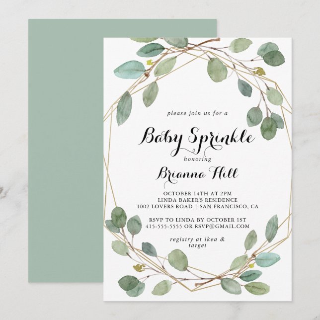 Geometric Greenery Eucalyptus Baby Sprinkle Einladung (Vorne/Hinten)