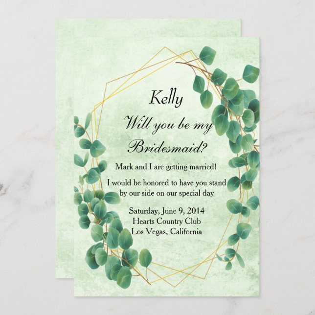 Geometric Greenery Eucalyptus Blätter Bridesmaid Einladung (Vorne/Hinten)