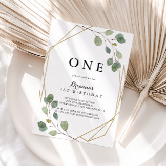 Geometric Greenery Eucalyptus First Birthday Party Einladung