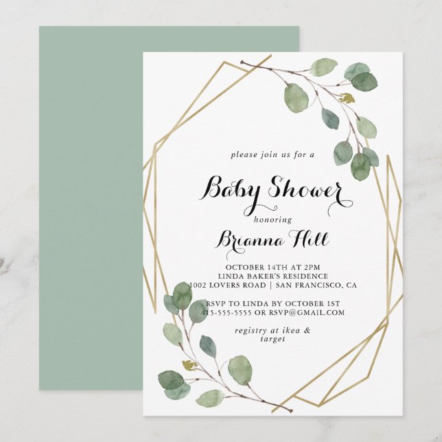 Geometric Greenery Eucalyptus Foliage Baby Shower Einladung (Vorne/Hinten)