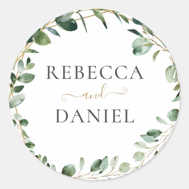 Geometric Greenery Eucalyptus Personalisiert Weddi Runder Aufkleber (Vorderseite)