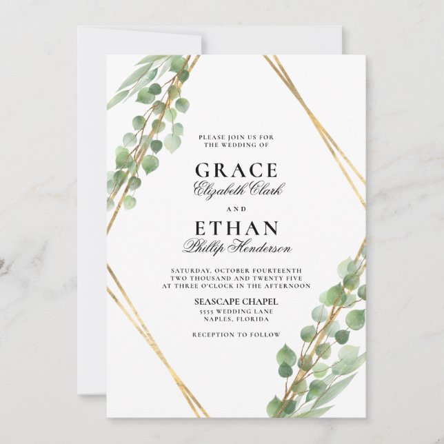 Geometric Greenery Gold Frame Eukalyptus Wedding Einladung (Vorderseite)