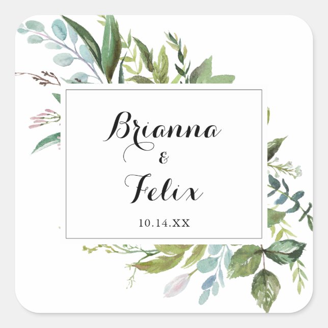 Geometric Greenery Wedding Umschlag Aufklebers Quadratischer Aufkleber (Vorderseite)