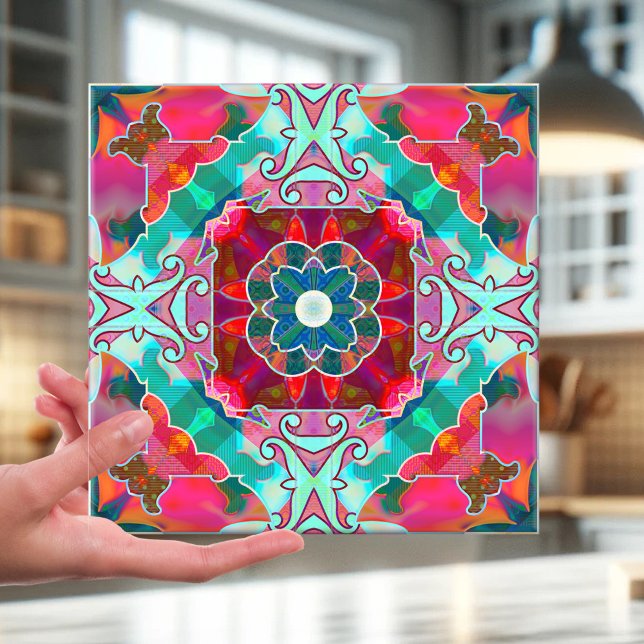 Geometric Happy Fantasy Abstract Design Tile Fliese (Tile featuring an abstract geometric kaleidoscope pattern inspired in a variety of colors)