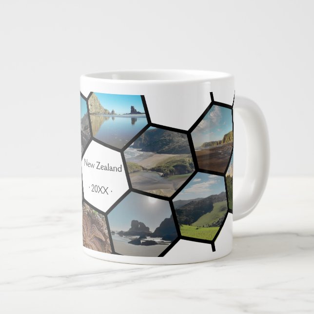 Geometric Hexagon Foto Collage Neuseeländische Küs Jumbo-Tasse (Vorderseite Rechts)