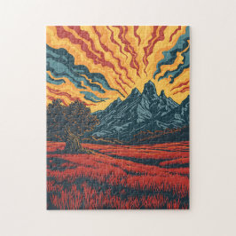 Geometric Mountain Peaks and Red Field Graphic Art Puzzle
