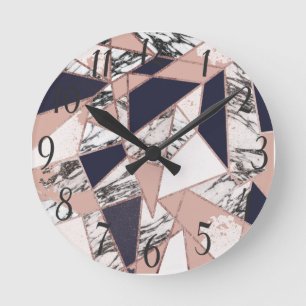 Geometric Navy Blue Peach Marble and Rose Gold Runde Wanduhr