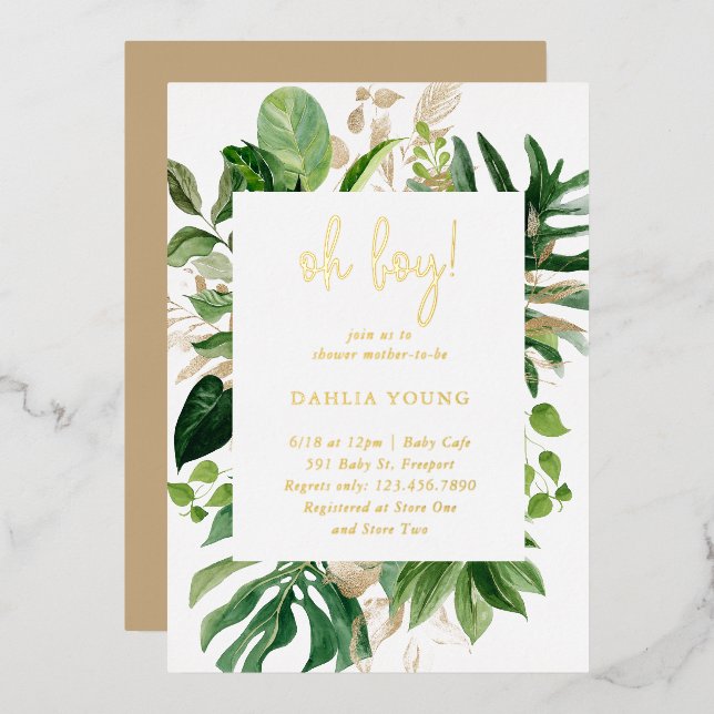 Geometric Oh Boy Tropical Baby Shower Gold Folieneinladung (Vorderseite/Rückseite)
