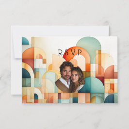 Geometric Orange Blue Peach Turquoise Wedding RSVP Karte