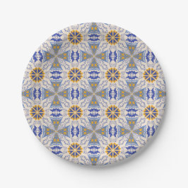 geometric pattern with blue, yellow, and white  pappteller