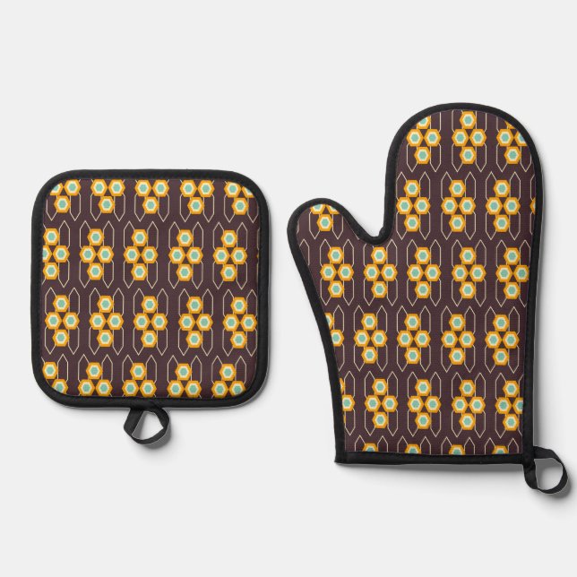 Geometric pattern with orange and blue hexagons ofenhandschuh & Topflappen-Set (Vorderseite)