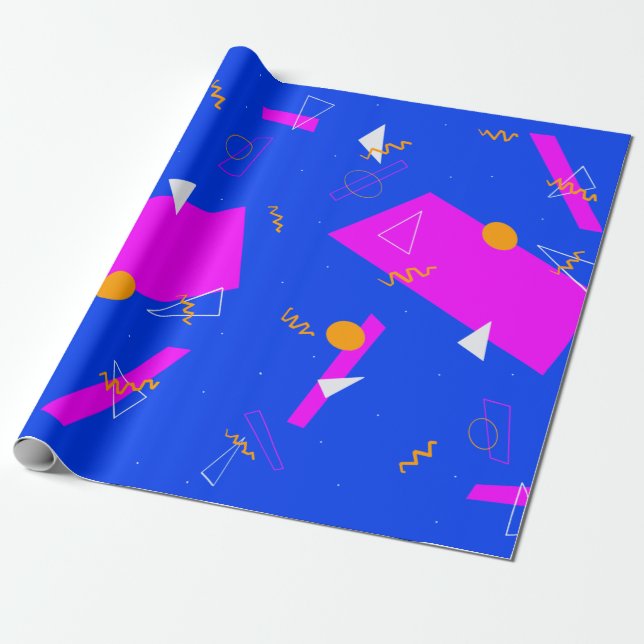 Geometric Retro 80er 90s Blau und Neon Geschenkpapier (Ungerollt)