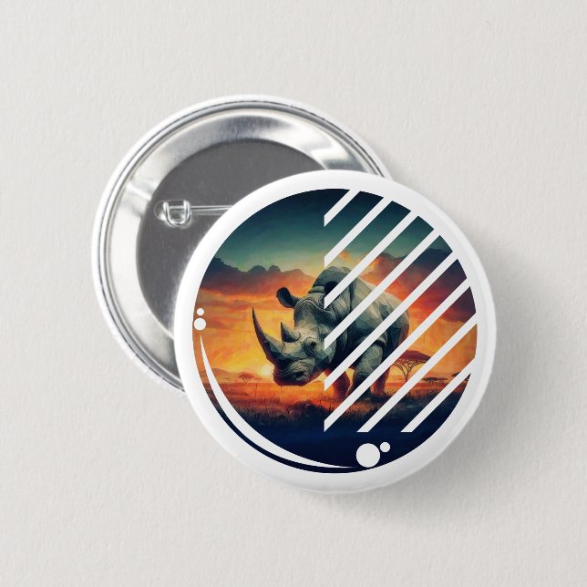 Geometric Rhino Sunset Scene Button (Vorne & Hinten)