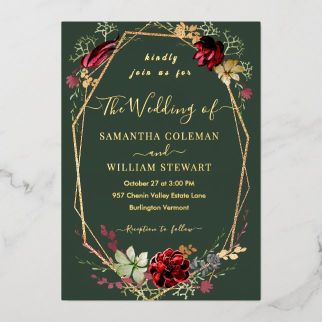 Geometric Rustic Boho Wildblume Green Wedding Folieneinladung (Vorderseite)