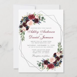 Geometric Silver Blue Burgundy Floral Wedding Einladung