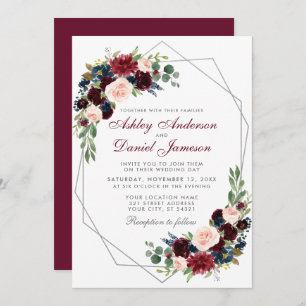 Geometric Silver Burgundy Blue Floral Wedding Einladung