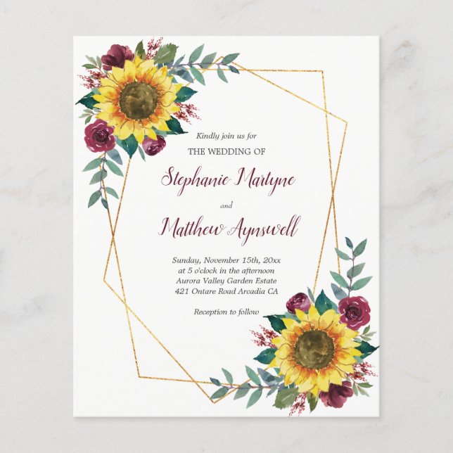 Geometric Sunflower Burgundy Rose Budget Hochzeit (Vorderseite)