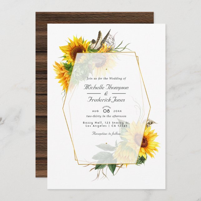 Geometric Sunflower Rustic QR Code UAWG Wedding Einladung (Vorne/Hinten)