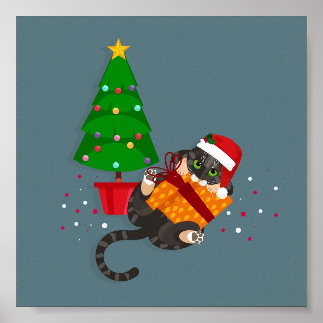 Geometric Tabby Cat spielen mit Weihnachtsgeschenk Poster (Vorne)