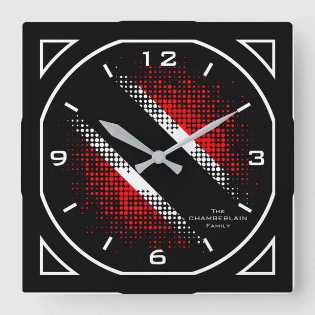 Geometric Trinidad and Tobago Dot Pattern Flag Quadratische Wanduhr (Vorderseite)