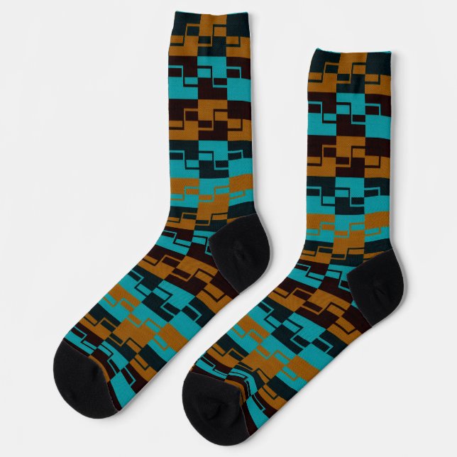 Geometric Turquoise and light/dark Brown Black Socken (Linkes Detail)