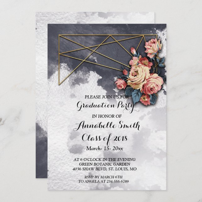 GEOMETRIC WATERCOLOR Graduierungspartei der Marine Einladung (Vorne/Hinten)