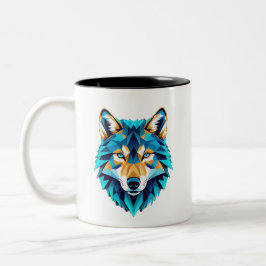 Geometric Wolf Head – Neon Blue Low Poly Animal Ar Zweifarbige Tasse