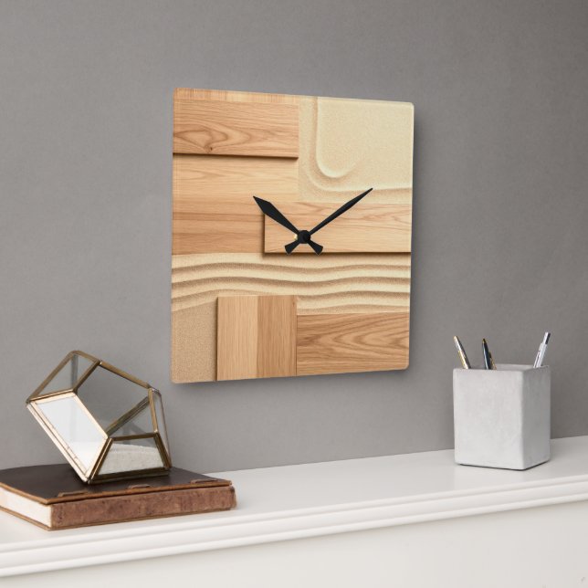Geometric Wood On Sand Design Quadratische Wanduhr (Büro)